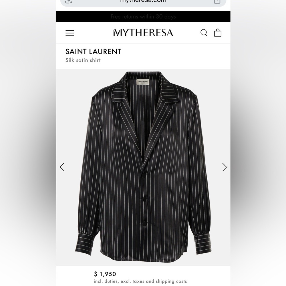 New without tags Saint Laurent Black Sill Striped Pajama Top RRP $1950